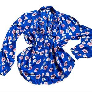 Lucky Brand Floral V-Neck/Tie-Neck Top Slit Shoulder Sz M Blue Pink 52G